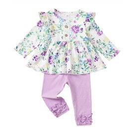 18 Months Girl Clothes Toddler Baby Girl Outfits Floral Shirt Top Purple Pants Fall Winter Little Girl Clothes 2T Outfit for Girl 18-24 Months