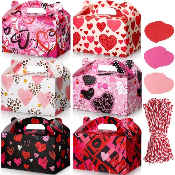 Dianelhall 24 Pack Valentine's Day Treat Boxes Heart Prints Cardboard Box for Goody Cookie Holder Tags and Twine, 6 x 3.5 x Inches Sweet Party Favor Mother's Girl Classroom Supplies