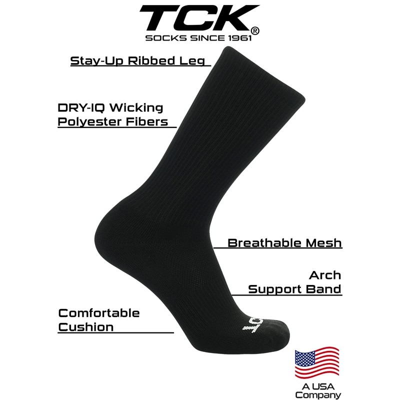 TCK 6 Pair Work & Athletic Crew Socks (Black, Medium)