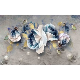 Bormia 3D Embossed Rose Wall Mural Hand Painted Watercolor Floral Mural Wallpaper Luxury Pearl Retro Rose Home Decor for Living Room Bedroom TV Background Kids Girls Rooms Decoration