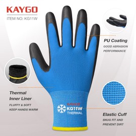 KAYGO Winter Work Gloves PU Coated-12 Pairs, Thermal Fleece Liner, Good Grip, KG11W, Ideal for Cold Weather Work Freezer Storage Warehouse (Large, Blue)