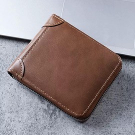 Wallet for Men - Men's PU Leather Wallet with ID Window, Zipper, and Multi Card Slots - Slim and Stylish Card Wallet (Khaki)