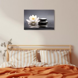 QIXIANG Zen Wall Art Black Stones and White Lotus Flowers Picture on Canvas Prints for Yoga Spa Meditation Bathroom Decor with Framed (Zen Stones Lotus -1, 16.00" x24.00")