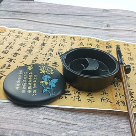 Multifunctional Chinese Calligraphy Handmade Porcelain Ink Well Dish Ceramic Inkslab Inkstone with Brush Holder for Beginners Paintings Writings Drawing Practice Art Supplies(Chrysanthemum)