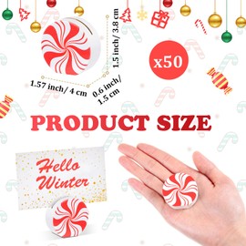 50 Pcs Mini Christmas Candy Place Card Holders 1.5'' Wooden Xmas Holder Red White Peppermint Holder Wood Number Name Photo Picture Clip Holder Table Decor Sign for Xmas Party Indoor Decoration