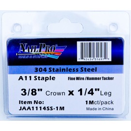 NailPRO A1114SS 20 Ga 1/4" Leg x 3/8" Crown Stainless Steel Fine Wire Staples, 1000 Count