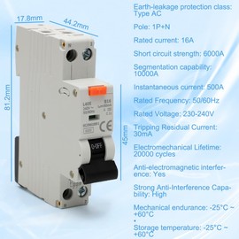 IVEOPPE FI/LS Switch, Fi LS Switch, Fi Circuit Breaker 16A, RCBO B16A 30mA, Residual Current Circuit Breaker, Type A, 230V, 1P+N, DIN Rail Mounting, Curve C