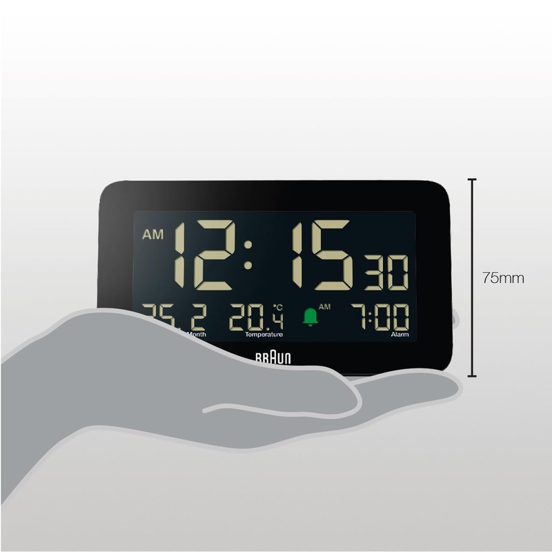 Braun Digital Alarm Clock with Date, Month and Temperature Displayed,