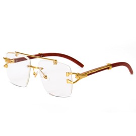 Dollger Rimless Rectangle Sunglasses for Women Men Vintage Hip hop Frameless Double Bridge 90s 2000s Designer Shades Leopard Wooden Arms Y2K Square Aviator Glasses(Clear)