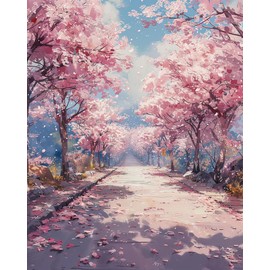 shinefly Paint by Numbers Kit for Adults Beginner & Kids Easy Acrylic on Canvas 16x20 inch with Paints and Brushes, Cherry Blossom Road