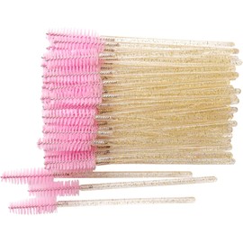 Paquete de 300 varitas desechables para máscara de pestañas, aplicador de maquillaje, herramienta de extensión de pestañas, mango dorado y cabezal de cepillo rosa