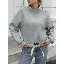 Fisoew Women's Cropped Sweatshirts Casual Turtleneck Fleece Long Sleeve Tie Front Loose Fall Pullover Tops Grey