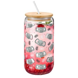 Yipaidel Cute Elephant Face Glass Cup 16 OZ, Glass with Bamboo Lids and Straw, Beer Can Shaped Drinking, Inspirational Sunshine for Mom, Friend, Wife