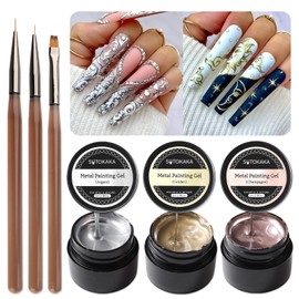 SUTOKAKA 3pcs 5ml Metallic Nail Polish Set, Silver Gold Champagne Metal Painting Gel for Nail Art Mirror Chrome 3D Effect Glossy Soak off UV/LED Nail Glue Gel for Home Salon DIY Manicure