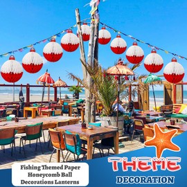 12pcs Fishing Themed Paper Honeycomb Ball Decorations Lanterns, Red & White for Fishing Party, Birthday, Fishermen Themed, Tables, Baby Shower, Hanging Ceiling Sign, Party Decor Supplies.