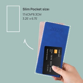 POPRUN Taschenkalender 2026 mit Monatsansicht, 17,5 x 8 cm, schmal, Geldbörsengröße, Monatsplaner 25 für Tasche, 144 Seiten, PU-Leder, Hardcover (Cyanblau), TJ-26-CEMLR7-CBL