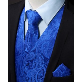HISDERN Conjunto de corbata de chaleco para hombre, diseño de cachemira, floral, jacquard, con bolsillos, para traje o esmoquin, Azul Rolay., Small