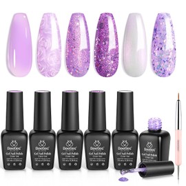 Beetles Purple Gel Nail Polish Set, 6 Colour Spring Purple Shimmer Pearl Jelly Gel Polish with Nail Brush Soak Off LED Lamp Swirl Shell Thread Effect DIY Manicure Gifts for Women