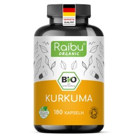 Raibu® Organic Turmeric Capsules, 180 Capsules, High Dosage with 3,000 mg per Daily Dose, Made in Germany, Vegan