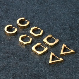 Aroncent 3 pairs men's stud earrings set stainless steel enamel round triangle square fake ear plugs tunnel piercing rose gold black, Stainless Steel, Gold