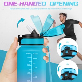 Water Bottle 1 Litre, Water Bottle with Straw, Sports Water Bottle with Motivational Slogan, Leak-Proof Water Bottle with Time Marking, Water Bottle for Bike, Camping, Hiking, Yoga, Blue/Purple
