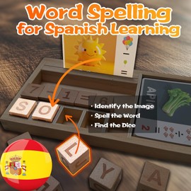 KILOGOGRAPH Word Spelling Games for Kids - Math Spanish Word Games with Flash Cards Wooden Dice Puzzle Tray, Montessori ABC Learning Travel Toys for Toddlers, Kindergarten Board Activity (Spanish)