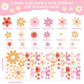 12 Sheets Daisy Wall Decals Boho Flower Wall Stickers Cute Kids Girls Room Decor Peel and Stick Floral Decals Toddler Nursery Playroom Living Room Bedroom Classroom Retro Hippie Decor Fresh Style