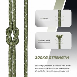 Abma Cord Guy Rope 4mm 30M Guy Line Tent Guide Rope with 6 Pcs Tensioners - Max. 300kg - Reflective Army Green