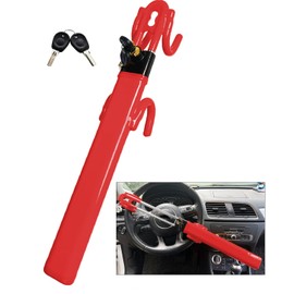 Dodomes Steering Wheel Lock Anti-Theft Heavy Duty Secure Car Device, Adjustable Length Clamp Double Hook Locks Universal Fit (Red)