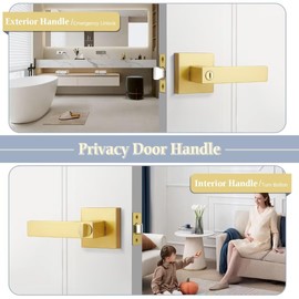 NIZADO Door Handles Interior for Bathroom and Bedroom, Gold Privacy Door Knobs, Square Door Lock Keyless, Reversible Door Handle, 6 Pack