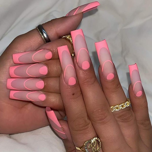 Brishow Coffin Artificial Nails Long False Nails Pink Press on Nails Ballerina Acrylic Full Cover Stick on Nails 24 Pieces for Women and Girls