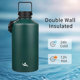 Konokyo Gallon Insulated Water Bottle with Straw,128 oz 3 Lids Water Jug with Carrying Bag,Paracord Handle, Double Wall Vacuum Stainless Steel Metal Flask,Dark Green