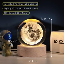 QIANCHANG 3D Moon Crystal Ball Night Light with LED Stand, Crystal Moon Figurine Lamp Decoration Glass Sphere Paperweight Decorative Balls(2.4 in)