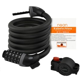 nean Bicycle Lock with Numbers, Cable Lock with Numbers Code Combination and Alloy Steel Cable, Combination Lock, Spiral Lock, Lock for Bike, Scooter and Scooter, 15 x 1800 mm, Black