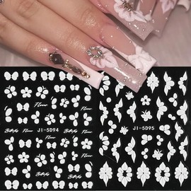 Flower Nail Art Stickers Decals 5D Embossed Petal Flower Nail Decals 5PCS White Floral Petals Design Summer Flowers Nails Adhesive Slider for Women DIY Nail Art Decorations Manicure Supplies