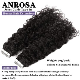 Anrosa Tape In Kinky Curly Hair Extensions Human Hair Natural Black 1B Color 14 inch 3B 3C Jerry Curly Tape in Hair Extensions Human Hair Black Women 20pcs 50g