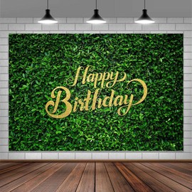8x6ft Green Leaves Happy Birthday Backdrop Jungle Safari Birthday Party Decoration Banner Natural Green Grass Wall Birthday Party Woman Girl Birthday Party Photoshoot Photobooth Photography Background