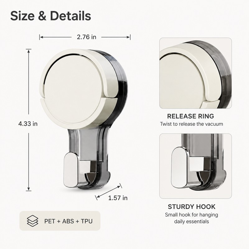 Vacuum Suction Hooks for Bathroom & Kitchen - No-Drill Removable