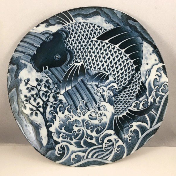 SET of 2 Japanese Dinner Dish Plates 10"D Porcelain Navy