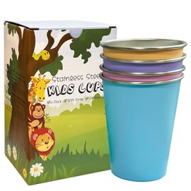 LOZACHE Stainless Steel Cups for Kids, 4 Pack 12oz Metal Cups Pint Tumbler Premium Camping Drinking Glasses Stackable Pint Tumblers for Boys Girls Children Adults, BPA Free, Unbreakable