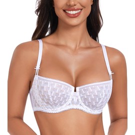 DotVol Women's Lace Sheer Balconette See Through Unlined Underwire Everyday Bra(White,34C)