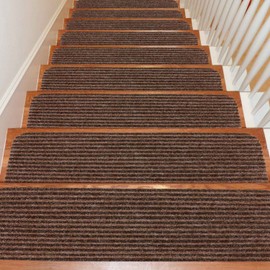Seloom Upgraded 9" x 36" Stair Treads for Wooden Steps- Carpet Non-Slip with Non Skid Backing Specialized for Indoor Steps, Removable Washable Runners Perfect for Dogs (Brown,15-Pack, Stripe)