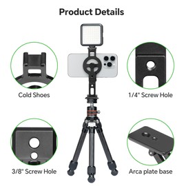 FANAUE Cell Phone Tripod Mount, Magnetic Aluminum Smartphone Stand Adapter with Cold Shoe Arca Swiss QR Base Plate,1/4" & 3/8'' Screw Phone Holder Mount for Video Live Streaming Vlogging