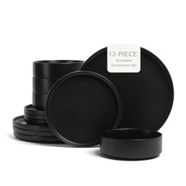 over&back 12-Piece Stackable Dinnerware Dish Set - Stoneware Dishes - Includes 4 Dinner Plates, 4 Salad Plates, 4 Cereal Bowls, and 4 Dinner Bowls - All-Occasion Place Settings - Semi-Matte Black