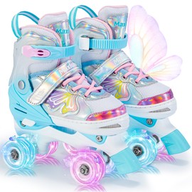 Girls Roller Skates, Butterfly Design 4 Size Adjustable Kids Roller Skates for Girls, Boy and Women, Fun Illuminating Toddlers Quad Skates for Beginners Youth Indoor Outdoor(Medium, Pink Green)