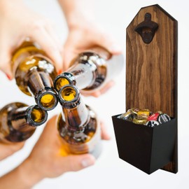 Rustic Bottle Opener and Cap Catcher - Made of 100% Solid Pine - Vintage Cast Iron Bottle Opener and Galvanized Bucket - To empty, twist the bucket - Great Gift!