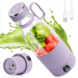 MIAOKE Tragbarer Mixer, 6 Klingen, Entsafterbecher für Saft-Shakes und Smoothies, 350 ml, Mini-Mixer mit LED-Display, wiederaufladbar, 3000 mAh Akku, für Zuhause, Sport, Outdoor, Reisen, Lila