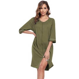 COLORFULLEAF Women's 100% Cotton Robe Lightweight 3/4 Sleeve Zip Front Robes Soft Knee Length Bathrobe Housecoat(Olive green,S)
