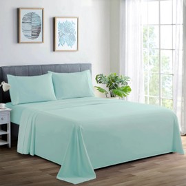 Marina Decoration 600 Thread Count Ultra Soft Deep Pocket Hotel Standard Solid Bedding Long Staple Percale Cotton All Season 4 Pieces Sheet Set with 2 Pillowcases, Aqua Color King Size