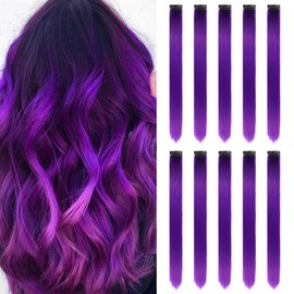 Colored Hair Extensions Clip In for Girls 22 Inch Colorful Straight Hair Extensions for Party Highlights Hair Accessories Hair Pieces for Women（10 PCS Purple)